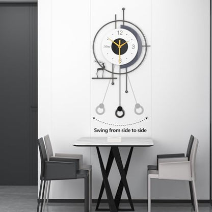 Modern Nordic Style Wall Clock Minimalist Creative Decorative Wall Clocks Silent Battery Powered Pendulum Clock Metal Frame + Wooden Dial Quartz Clock for Living Room Kitchen Bedroom Office, 13*25 in