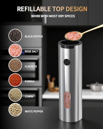 CIRCLE JOY Electric Salt and Pepper Grinder Set, Stainless Steel Rechargeable Pepper Mill Set with Charging Base, 110ML Top-Fill, Adjustable Coarseness, LED Light, One-Hand Operation, Gift Idea - color: Silver