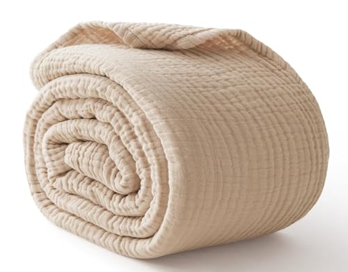 100% Cotton Muslin Blanket Twin 60" x 80", Breathable and Lightweight Cotton Twin Blankets for Couch, Soft Cooling Summer Gauze Blanket for Adults All Season, Beige - color: 01 - Beige, size: Twin(60" X 80")
