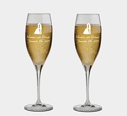 Set of 2 Personalized Wedding Champagne Glasses with Box - Engraved Mr and Mrs Design - Bride and Groom Flutes with Black Box - color: Wedding-08, style: Glasses + Gift Box