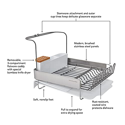 KitchenAid Full Size Compact to Full Capactiy Expandable Rust Resistant Dish Rack, with Self Draining Angled Drainboard and Removable Flatware Caddy, 24-Inch, White - color: White, size: Expandable