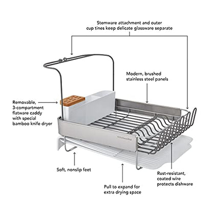 KitchenAid Full Size Compact to Full Capactiy Expandable Rust Resistant Dish Rack, with Self Draining Angled Drainboard and Removable Flatware Caddy, 24-Inch, White - color: White, size: Expandable