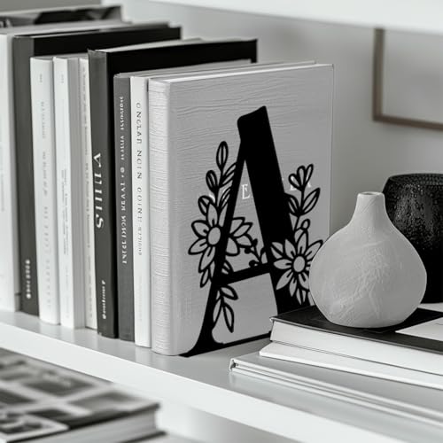 5.3"x4.3"x7.1" Metal Bookends, Heavy Duty Book Ends for Shelves | Letter A with Flower Theme Cast Iron Book Supports, 1 Pair Decor Stoppers for Desk, Library, Office & Home Shelves - style: Letter A with Flower