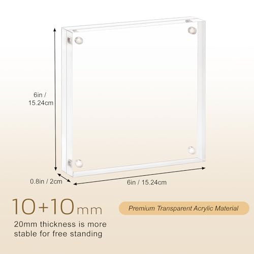 AMEITECH Acrylic Picture Frame 6x6, Clear Double Sided Frameless Photo Frame with Magnetic, Free Standing Desktop Acrylic Frame Display, Lucite Frame with Gift Box Package - 1 Pack | Double Sided Floating Magnetic Frames, 20mm Thick, Free Standing Desktop