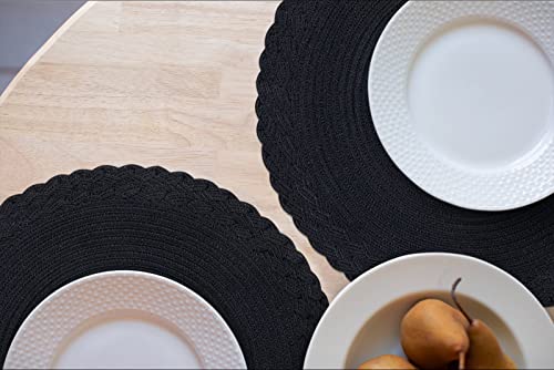 SHACOS Round Placemats Set of 6 Woven Round Table Mats 15 inch Braided Border Washable Cotton Polyester Circle Place Mats, Black - color: Black, size: 6 pieces