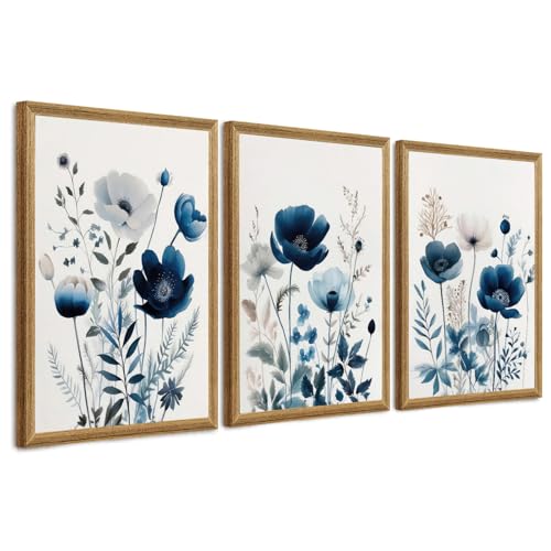 DUWQU Triptych Navy Blue Watercolor Botanical Floral Wall Art 20x30 in x3 | Wooden frame, UV-resistant ink, Giclée printing process, Pre-installed hooks make it easy to hang home or office wall decor - color: Blue Flower (Framed), size: 30"L x 20"W