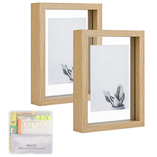 MUYE 5x7 Floating Frame Set of 2,Double Glass Rustic Photo Frame for Wall Hanging or Tabletop Standing,Also Display 4x6 or 3x5 Photo for Floating Effect,Natural - color: Natural, size: 5x7