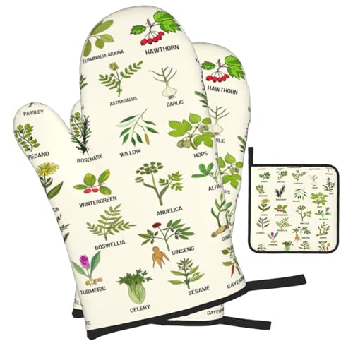 Cute Herbs Botanic Garden Plants Oven Mitts and Pot Holders Sets Heat Resistant for Kitchen BBQ Microwave Baking Grilling Cooks Set of 3 Kitchen Oven Glove - color: Cute Herbs