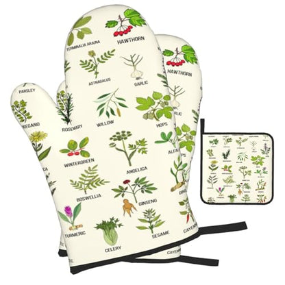 Cute Herbs Botanic Garden Plants Oven Mitts and Pot Holders Sets Heat Resistant for Kitchen BBQ Microwave Baking Grilling Cooks Set of 3 Kitchen Oven Glove - color: Cute Herbs