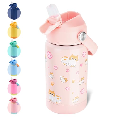 Kerilyn 12oz Kids Water Bottle, Stainless Steel Insulated Water Bottle For Kids, Toddler Cup With Straws Leak-proof, Kids Water Bottles For School Boys Girls, BPA Free, Kitty - color: Kitty