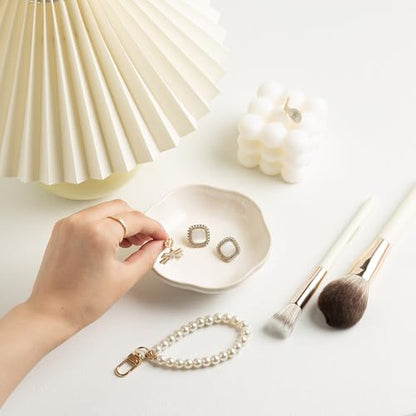 BEUNAIZER Ceramic Ring Dish, 4.3 in Flower Jewelry Tray with Raised Sides | Keeps rings, earrings, keys and hair accessories visible on a vanity, nightstand or bathroom counter. - color: white