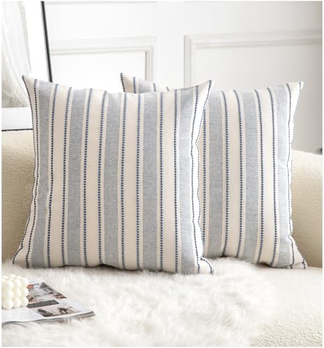 Cethom Decorative Boho Throw Pillow Covers, Farmhouse Textured Pillow Case, 20 x 20 Inch Set of 2, Chair Sofa Bedroom Living Room Home Decor Couch Cushion Case, Classic Blue and Beige Striped - color: Classic Blue, size: 20" x 20" (Pack of 2)