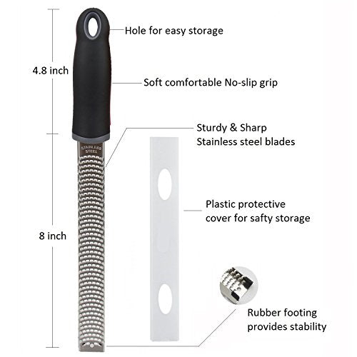 8-Inch Lemon Zester & Cheese Grater, 18/8 Stainless Steel, Black | Fine 18/8 Stainless Steel Blade for Citrus, Parmesan, Ginger and Garlic, Soft Non-slip Handle, Cover, Dishwasher Safe - color: B-Black