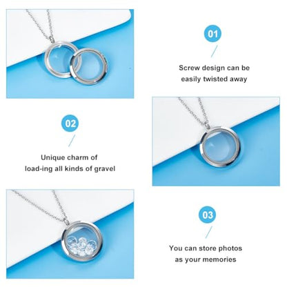4pcs Photo Locket Charms Necklace Round Stainless Steel Locket Pendants Crystal Double-Sided Picture Frame Memory Locket Charm with 17.7inch Chain for Wedding Jewellery Making Photo - color: Silver B