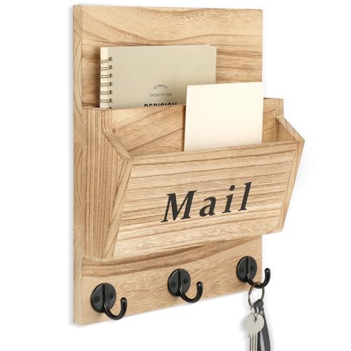 Mail and Key Holder, Wall Key Holder with 2 Mail Organizer Slot and 3 Hooks | Decorative 8.86" x 11.42" Mail Holder, Real Paulownia Wood with Keyhole Brackets, Hardware and Instructions - color: Wood