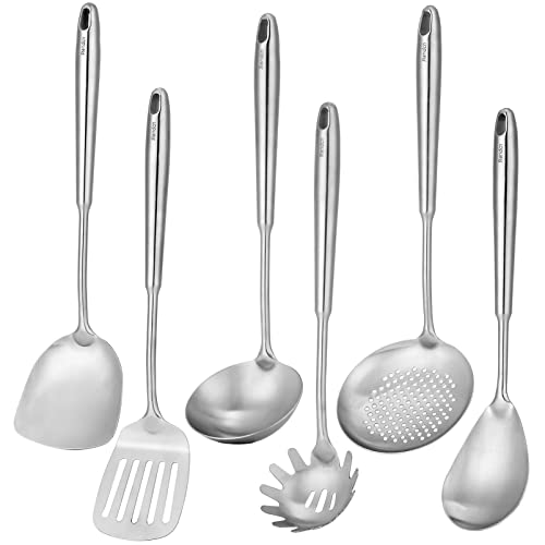 6 PCS All Metal Cooking Utensils Set - 18/10 Stainless Steel Kitchen Tools | Professional Cooking Spoons Set, 15" Spatula, Ladle, Skimmer Spoon, Pasta Serve, Large Spoon, Slotted Spatula Turner - color: 6-Pieces