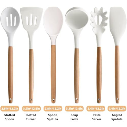 Kitchen Cooking Utensils Set 6Pcs Non-Stick Silicone Kitchen Utensils Spatula Spoon Turner Ladle Pasta Server, Heat Resistant Wooden Handle Silicone Cooking Gadgets Sets for Cookware & Baking - color: White, size: Standard 6-Piece Set