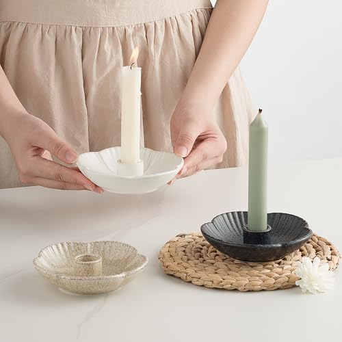 Ceramic Taper Candle Holder, 4.72 in Polished Round Base Tray | Use with incense or palo santo to create a calm tabletop setting for dinners, meditation or seasonal displays. - color: White