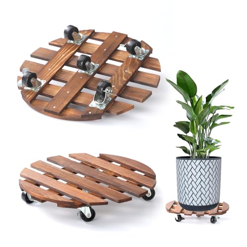 2 Pack 14" Plant Caddy with 5 Wheels, Rolling Plant Stand 220 LB Heavy Duty Wooden Round Plant Dolly with Metal 360° Lockable Caster Wheels for Outdoor Indoor Large Plant Pots, Flower Pot, Patio - size: 14"+14"