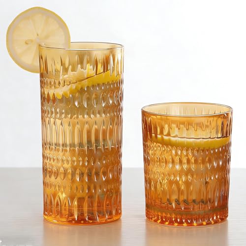 Loivttvv Glassware Drinking Glasses Set of 8, 14 oz Highball Glasses & 10 oz Ribbed Glass Cups, Vintage Glassware for Water, Juice, Cocktail (Thanksgiving Amber) - color: Amber