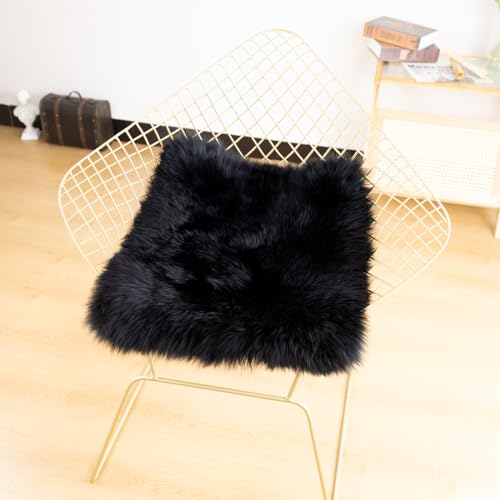 LLB Sheepskin Chair Cushion Non-Slip Back Square Genuine Fur Chair Cover Silky Natural Wool Seat Cushion Pad Soft Area Rugs Carpet for Home Office Restaurant Chair 18x18 Inch (Pack of 1), Black - color: Black, size: 18x18 Inch (Pack of 1)