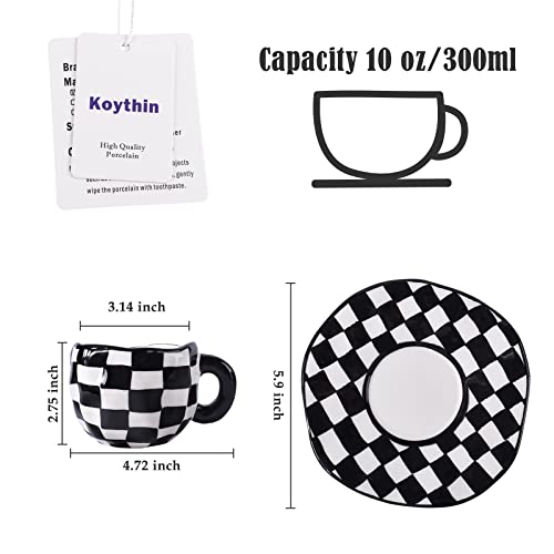 Koythin 10oz Ceramic Coffee Mug With Saucer, Black White Plaid Latte Cup | 300ml Drinkware, Microwave & Dishwasher Safe; Daily Office Cup, Sweet Gift For Women - color: Black and White Plaid