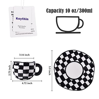Koythin 10oz Ceramic Coffee Mug With Saucer, Black White Plaid Latte Cup | 300ml Drinkware, Microwave & Dishwasher Safe; Daily Office Cup, Sweet Gift For Women - color: Black and White Plaid