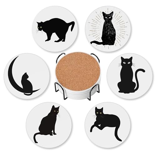 Coasters for Drinks Absorbent with Holder,Black Cat Sets of 6 Durable Cup Coaster for Coffee Table Protection,Great Housewarming Birthday Gifts,Home Decor - color: Black Cat