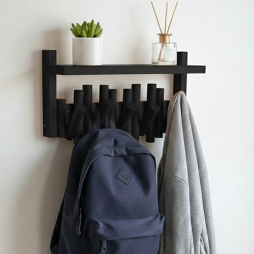 Bamboo Wall Mounted Coat Rack with Shelf Flip Down Wooden Hooks for Entryway Hallway Bedroom | Matte Black Piano Hanger, 5 Hooks, Space Saving Organizer - color: Black, size: 5-Hook with Shelf