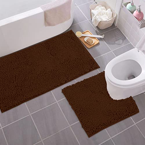Bathroom Rugs Sets 2 Piece, Luxury Chenille Bath Mat Set, Soft Plush Anti-Slip Bath Rug + U-Shaped Toilet Mat. Microfiber Shaggy Carpet, Super Absorbent (24” x 36” & 20” x 24” U, Brown) - color: Brown, size: 2 Piece Set - Large