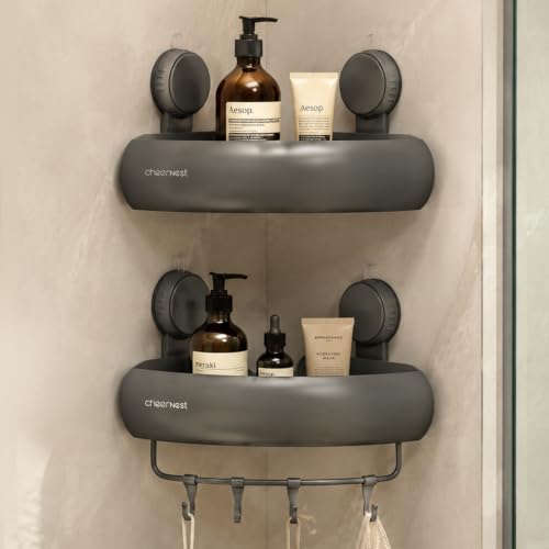 Corner Shower Caddy Suction Cup, Removable Shower Organizer Shelf | 2 Pack, Rustproof Aluminum, Includes Hooks&Hanging Bar, 2 Installation Ways, Wall-Mounted Bathroom Organizer Storage Shelves - color: Dark Gray