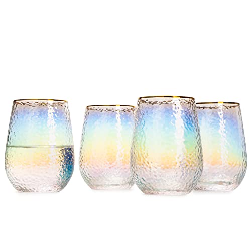 Rainbow Hammered Iridescent Stemless Wine & Water Glasses - Set of 4-100% Glass 15oz Mouthblown Colorful Pearl Glasses - Anniversaries, Birthday Gift, Cocktail Party Radiance - Water, Whiskey, Gift