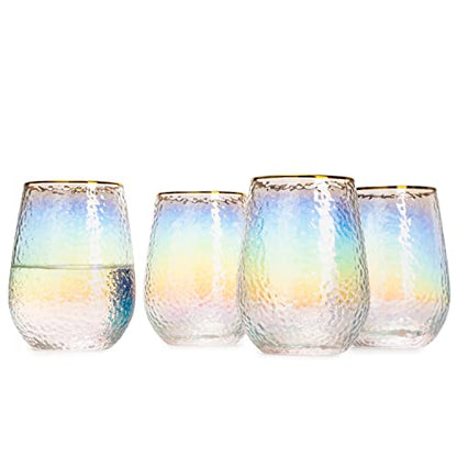 Rainbow Hammered Iridescent Stemless Wine & Water Glasses - Set of 4-100% Glass 15oz Mouthblown Colorful Pearl Glasses - Anniversaries, Birthday Gift, Cocktail Party Radiance - Water, Whiskey, Gift