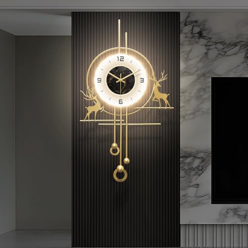 Large Gold Wall Clock for Living Room,Wall Clocks Decorative with Light,Creative Silent Clock Battery Operated for Kitchen/Entryway/Bedroom/Office/Dinning Room Metal Wall Decor - size: 18''Lx32''W