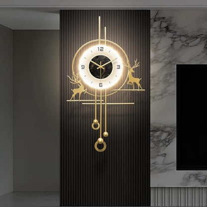 Modern Deer Wall Clock for Living Room,Large Gold Decorative Wall Clock with Light,Creative Silent Clock Battery Operated for Kitchen/Entryway/Bedroom/Office/Dinning Room Metal Wall Decor - size: 20''Lx35''W