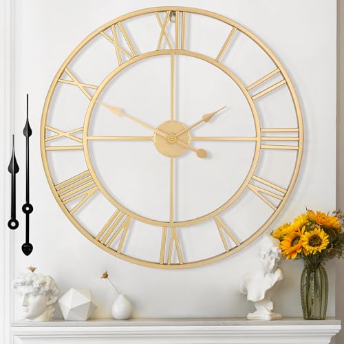 Large Wall Clock For Living Room Decor - 80cm/ 32 Inches Nearly Silent Non-Ticking Metal Wall Clocks Battery Operated, Vintage Decorative Modern Wall Clock For Bedroom, Office, Farmhouse Decor - color: Gold, size: 80CM