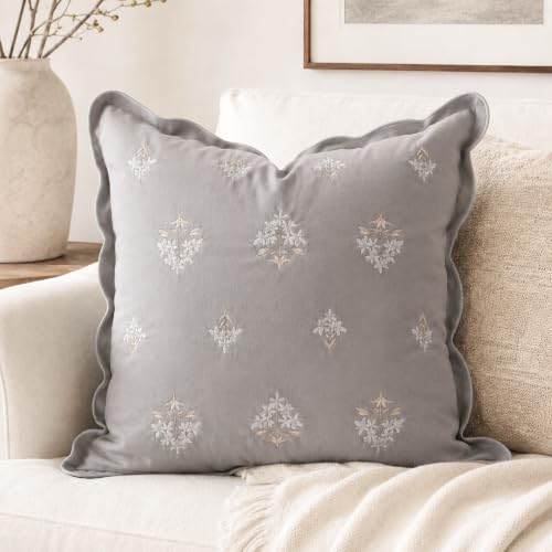 BlissBlush Throw Pillow Cover 20x20, Light Gray Velvet Decorative Pillow Cover, Floral Accent Cushion Cover with Embroidery and Scalloped Edge for Couch Sofa Bed, Cover ONLY - color: Cool Light Gray, size: 20" x 20" (Pack of 1)