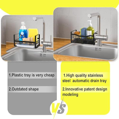 Stainless Steel Kitchen Sink Caddy Organizer with Auto Drain Tray, Sponge Holder for Countertop Storage - color: Mattle Black