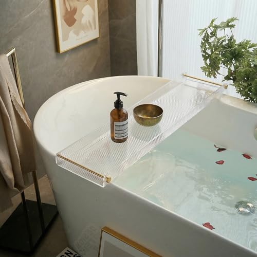 Bathtub Caddy Tray for Luxury Bathroom Bath tub Table Caddy Tray Shelf for Shower with Gold Handles fits All bathtubs - color: Ripple - With Handle