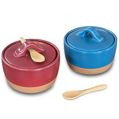 Mora Ceramic Salt and Pepper Cellar Set with Lid - 10 oz Modern Canister/Container/Bowl for Storage, Sea Salt, Spice, Sugar, Countertop - Small Dish/Jar with Wood Spoon, Azure Blue & Crimson Red Crock - color: Azure Blue & Crimson Red