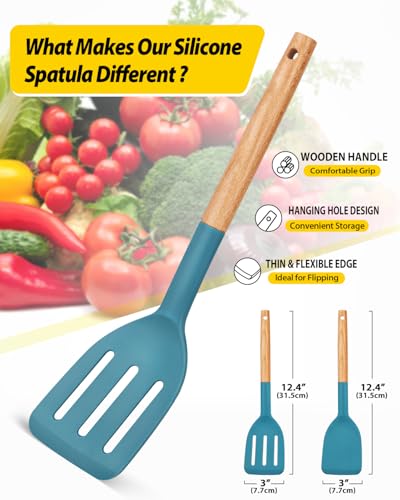 Pack of 2 Silicone Cooking Spatula, Heat Resistant Solid Turner, Non Stick Slotted Spatulas with Wooden Short Handle,Ideal Wood Kitchen Utensils Set for Frying, Baking, Flipping, Turning - color: Blue