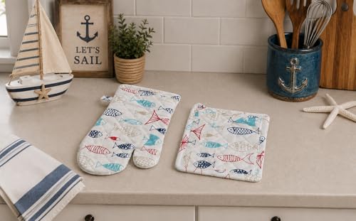 Summer Nautical Kitchen Pot Holder Oven Mitt Dish Towel Set: Coastal Ocean Sealife Navy White Red Fish Design, 5 pc Set (Fish) - color: Fish Set