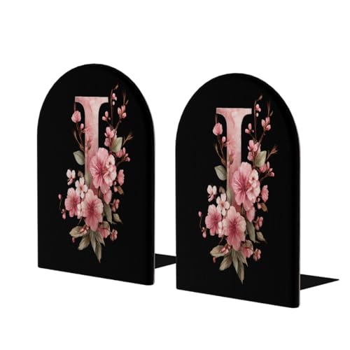 Wood Book Ends for Shelves Flower Letter I On Black Bookends for Heavy Books CDs Organizer Decorative Wooden Book Stopper Holders for Home Office Desk,6.7x4.2x4in Set of 2 - color: Floral I, size: 6.7x4.2x4inx2PCS