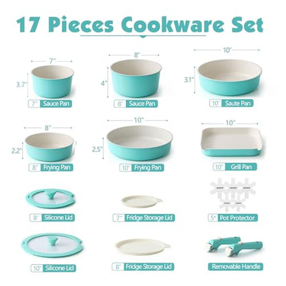 SENSARTE 17 Piece Ceramic Detachable Handle Pots and Pans Set Turquoise | Ceramic Cookware Set, Induction Cookware Set with Removable Handle, Healthy Non Stick for RV, Dishwasher ＆ Oven Safe - color: Turquoise, size: 17 Piece