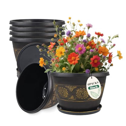 8 Inch Retro Plant Pots 6 Pack with Drainage and Saucers Gold | Gold retro PP pots with drainage holes and saucers for herbs succulents starter plants shelves and windowsills - color: Gold, size: 8 Inches-6 packs