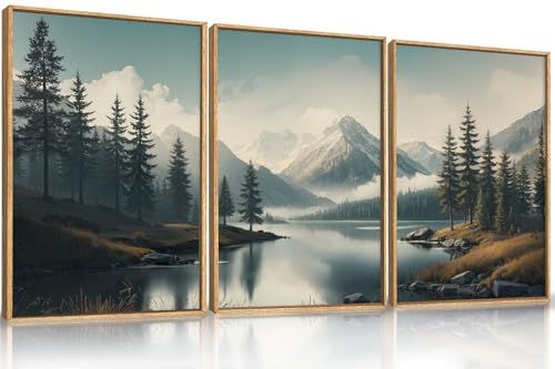 LHIUEM Large Mountain Misty Forest Framed Canvas Wall Art,Nature Ridge Foggy Wall Decor,Snow Lake Woodland Wall Painting,Pine Tree Artwork for Living Room,Bedroom,Dining Room,Office -16"x24"x3 - color: Mountain Misty Lake Wall Art, size: 24"L x 16"W