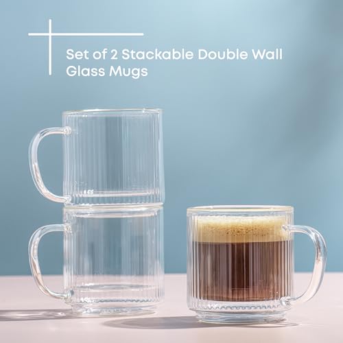 JoyJolt Haven Stackable Fluted Glass Mugs, Set of 2 Ribbed Double Wall Insulated Coffee Cups, 13.5oz Clear Mugs - style: Fluted Mugs