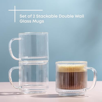 JoyJolt Haven Stackable Fluted Glass Mugs, Set of 2 Ribbed Double Wall Insulated Coffee Cups, 13.5oz Clear Mugs - style: Fluted Mugs