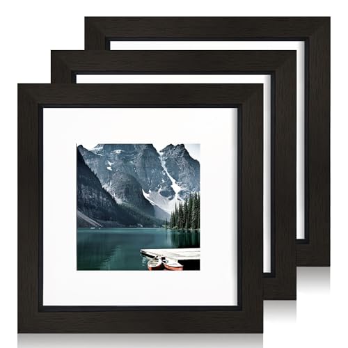 Hongkee 6x6 Black Picture Frames set of 3, Made of Wooden and Real Glass Square Photo frame - Displays 4x4 Picture With Mat or 6 x 6 Without Mat, Desktop & Wall Collage Frame set - color: Black, size: 6x6 in