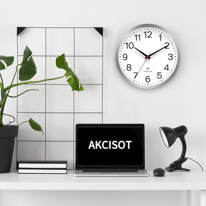 AKCISOT 10 Inch Wall Clock, Silent Battery Operated Analog Clock, Silver | Atomic | Classroom | Kitchen | Office | Easy to Read Numbers | Garage - color: Atomic_silver White, size: 10 Inch